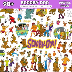May include: A collection of digital files featuring Scooby-Doo characters including Scooby, Shaggy, Velma, Daphne, and Fred, along with the Mystery Machine van and the Scooby-Doo logo. The set includes over 90 PNG, SVG, EPS, and DXF graphic images.