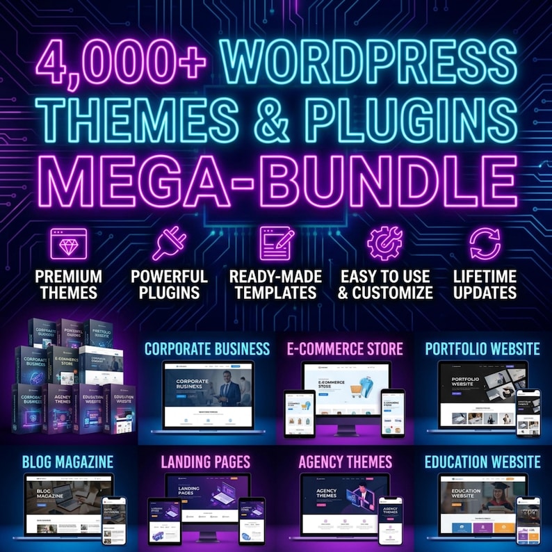 Peut inclure: Visuel num&eacute;rique promouvant un m&eacute;ga-pack de th&egrave;mes et plugins WordPress. L'image pr&eacute;sente le texte "4,000+ WORDPRESS THEMES & PLUGINS MEGA-BUNDLE" en couleurs n&eacute;on. Des ic&ocirc;nes et exemples de sites web sont &eacute;galement affich&eacute;s.