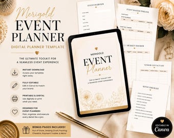 Digitale sjabloon voor evenementenplanner Merigold, bewerkbare Canva-organizer (digitale download)