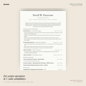 Op de afbeelding: Een cv-sjabloon met de tekst "David W. Patterson" en "Vice President of Operations". Het cv bevat professionele ervaring, bestuurs- en adviesrollen en opleiding. De tekst "For senior operators & C-suite candidates" staat onderaan.