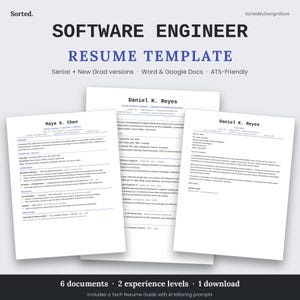 Op de afbeelding: Een set software engineer cv-sjablonen met drie witte documenten met zwarte tekst. De koptekst luidt Sorted. SOFTWARE ENGINEER RESUME TEMPLATE. De documenten bevatten een cv voor Maya S. Chen, Daniel K. Reyes en een begeleidende brief.