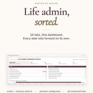 May include: A digital Life Admin Command Center spreadsheet template for Excel and Google Sheets. The interface features a dashboard with 24 tabs, automated date tracking, and sections for money, home, and people management with dark text on a light background.
