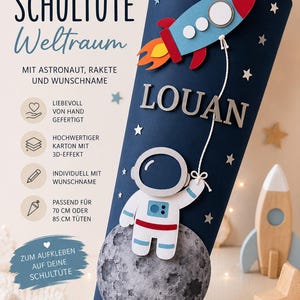 Könnte beinhalten: Eine dunkelblaue Schultüte mit Weltraummotiv, verziert mit einer Rakete, einem Mond und einem Astronauten. Der Name LOUAN ist in weißen Buchstaben angebracht. Das Design enthält weiße Sterne und einen Stoffverschluss an der Spitze.