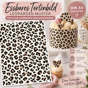 Könnte beinhalten: Ein essbares Tortenbild im DIN A4 Format mit Leopardenmuster aus schwarzen und braunen Flecken auf cremefarbenem Hintergrund. Das Blatt ist auf einer runden Torte und einem Cupcake angebracht, mit Text wie Essbares Tortenbild und DIN A4.