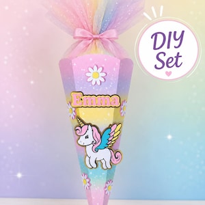 Aplique personalizado de unicornio para cono escolar | Kit de manualidades para hacer conos escolares | Nombre personalizado | Primer día de clases para niñas | Decoración adhesiva