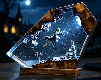 Lámpara de resina de mago volador, luz de fantasía hecha a mano con castillo y búho, regalo de Navidad para niños, regalo para él, regalo único para fanáticos de Ha.rry