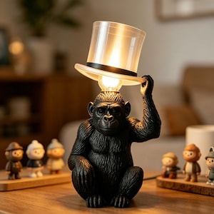 Lámpara de mesa con forma de mono y sombrero de copa: lámpara de escritorio con forma de animal, iluminación impresa en 3D, decoración moderna para el hogar, regalo único, regalo de inauguración de casa.