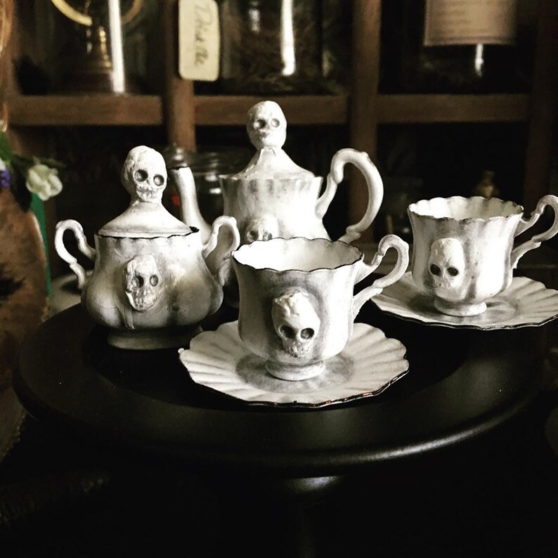 Skull Tea Set. Dolls' Tea Set for Gothic, Gloomy Halloween Tea. 