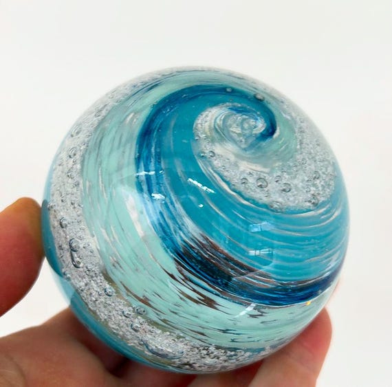 Turquoise wave memorial glass, wave ashes in glass keepsake, memorial cremation glass, waves and beach, urn beach, urn surfing and waves