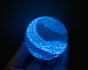 Ashes in glass keepsake, cremation glass, memorial glass glow in the dark paperweight, dark blue glow in the dark memory orb, memorial
