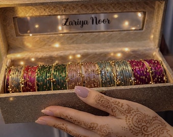 Personalized Kashmiri Bangle Set | 72 Pcs Indian Glass Bangles, Custom Name Box