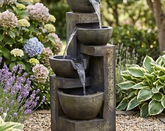 Fuente de jardín de 4 niveles / Cascada exterior con bomba / Fuente de resina con flujo ajustable / Decoración relajante para el jardín