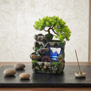 以下が含まれることがあります： 小さな緑色の盆栽が上に乗った、装飾用の屋内噴水。 噴水は滝のデザインで、小さな水車と青色のLED照明が付いています。 噴水の前に3つの滑らかな石があります。 噴水の高さは約30cmです。
