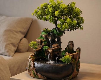 Indoor Water Fountain Cascade | Tabletop Fountain with Plant | Zen Water Feature Humidifier | Relaxing Home Decor
