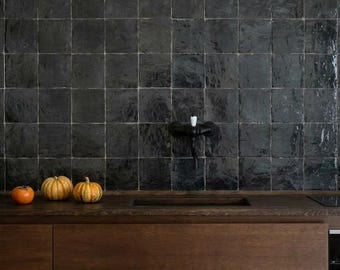 Handmade Black Glazed Zellige Tile – Aged Moroccan Wall Backsplash Bathroom Accent- Mosaic decor.