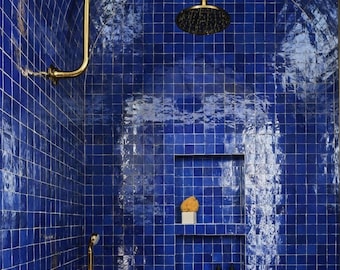 Blue Zellige Tile Handmade | Moroccan Glazed Bathroom Shower Backsplash Kitchen Fireplace | Patina Artisan Ceramic Handpainted | Fez Wall.