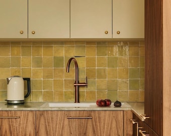 Aged Ochre Gold Zellige Handmade | Bathroom Backsplash Fireplace Kitchen Wall, Moroccan Ceramic tiles.