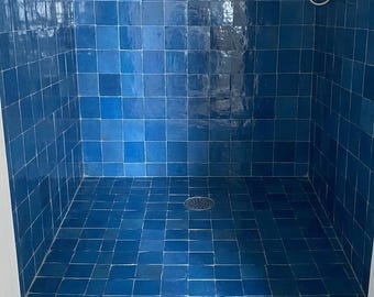 Aged Cobalt Blue Moroccan Zellige Tiles, Handmade Indigo Patina Ceramic Backsplash