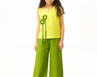 Mama Tochter Passendes Outfit im Leinen-Look, Handgefertigtes Blumen Top, Hose mit weitem Bein