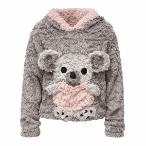 K&ouml;nnte beinhalten: Ein grauer Pl&uuml;sch-Hoodie mit einem Koala-B&auml;r-Design. Der Hoodie hat ein Koala-Gesicht mit gro&szlig;en schwarzen Augen, einem rosa Herz und kleinen schwarzen Pfoten. Die Innenseite der Kapuze ist rosa.