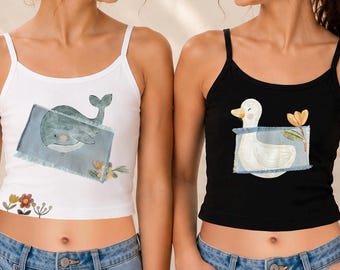 Mädchen Crop Tank Top 2er Set - Whale & Duck Appliqué Handmade Boutique Kleidung