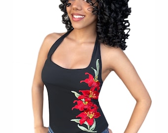 Besticktes rotes florales Tank Top, schwarzes handgemachtes Damen Oberteil