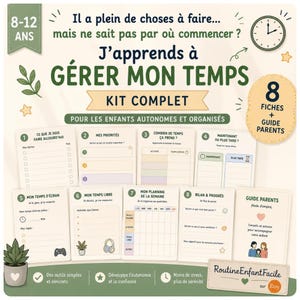 May include: A time management kit for children aged 8-12, featuring eight printed activity sheets and a parent guide. The set includes task lists, priority trackers, time estimation charts, screen time logs, weekly planners, and progress review forms.