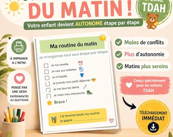 Routine du matin enfant -spécial TDAH PDF imprimable – Planning visuel – Autonomie enfant – 3 versions (fille garçon neutre)