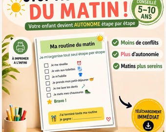 Routine du matin enfant 5-10 ans – 3 versions à imprimer | Planning visuel, autonomie & organisation