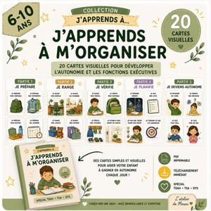 May include: A set of 20 visual cards titled J'apprends à m'organiser, designed for children aged 6-10. The cards are divided into five parts covering preparation, organising, checking, planning, and autonomy, featuring illustrations and French text.