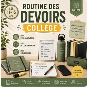 Puede incluir: Un kit de rutina de estudio para estudiantes de 11 a 15 años que incluye una agenda de espiral, un bloc de notas de tareas diarias, una botella de agua verde con la etiqueta FOCUS DISCIPLINE REUSSITE, un estuche verde, un smartphone negro y un marcador amarillo.