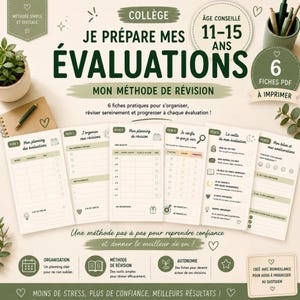Puede incluir: Un conjunto de seis hojas de planificación de estudio imprimibles para estudiantes de 11 a 15 años, con el título en francés JE PRÉPARE MES ÉVALUATIONS. Los documentos incluyen secciones para planificación, listas de verificación, seguimiento de progreso y autoevaluación, presentados en un diseño claro con detalles en verde.