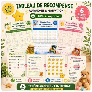 Beloningskaart voor kinderen van 3-10 jaar – 6 printbare kaarten – Motivatie, autonomie en routine – PDF