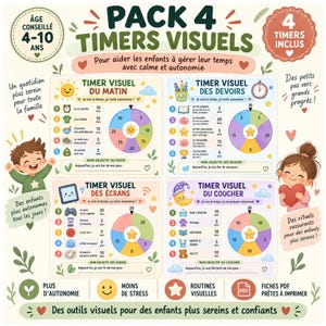 May include: A pack of four visual timers for children featuring daily routines for morning, homework, screen time, and bedtime. Each section includes numbered tasks, time allocations, and a circular clock graphic with colorful segments and icons.