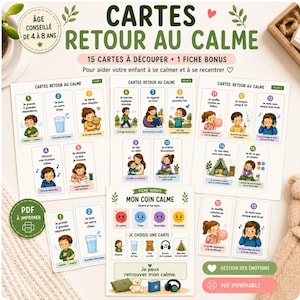 Könnte beinhalten: Ein Set aus druckbaren Karten mit dem Titel CARTES RETOUR AU CALME, bestehend aus 15 nummerierten Aktivitätskarten und einem Bonusblatt. Jede Karte zeigt Illustrationen von Kindern bei Beruhigungsübungen mit französischen Textanweisungen.