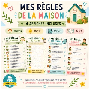 Può includere: Un set di quattro poster stampabili intitolati MES RÈGLES DE LA MAISON, con illustrazioni colorate e testo in francese. I poster delineano le routine quotidiane per la casa, il mattino, il tempo davanti allo schermo e le buone maniere.