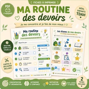 Peut inclure: Feuilles imprimables de routine de devoirs en vert et blanc, avec le texte "Ma Routine des Devoirs" et "Idéal enfants TDAH". Les feuilles comprennent des listes de contrôle, des icônes et les phrases "Je me concentre et je fais de mon mieux!" et "Je peux y arriver!"