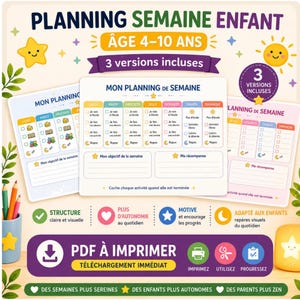 May include: A printable weekly planner for children aged 4-10, featuring three distinct versions. The layout includes columns for each day of the week with checkboxes for daily tasks, a section for weekly goals, and a reward area, all decorated with stars.
