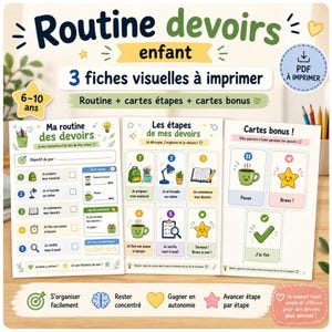 Puede incluir: Tres hojas visuales imprimibles para niños de 6 a 10 años para gestionar rutinas de tareas. Las hojas incluyen iconos coloridos, pasos numerados y tarjetas extra con texto en francés, incluyendo títulos como Routine devoirs enfant y Les étapes de mes devoirs.