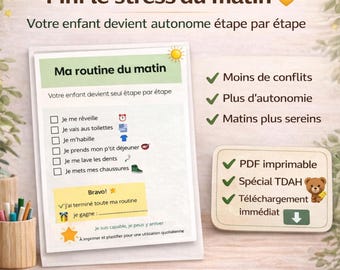 Routine du matin enfant -spécial TDAH PDF imprimable – Planning visuel – Autonomie enfant – 3 versions (fille garçon neutre)