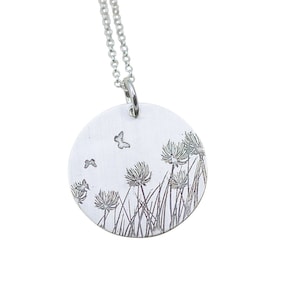 dandelion necklace, butterfly necklace, grass jewelry, meadow jewelry, dandelion pendant, butterfly pendant, john muir quote, john muir