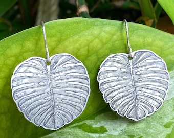 Monstera Leaf Earrings, Botanical Jewelry, Sterling Silver or Brass