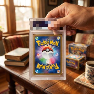 May include: A graded Pok&eacute;mon trading card encased in a clear, rectangular plastic protective slab. The card back features a central Pok&eacute; Ball graphic surrounded by a colorful, swirling radial pattern, with the yellow Pok&eacute;mon logo text above and below.