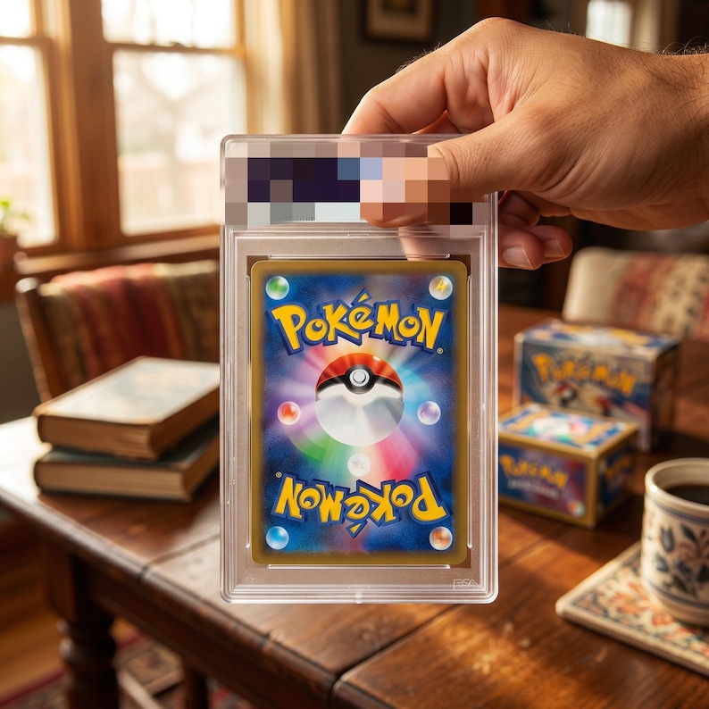May include: A graded Pok&eacute;mon trading card encased in a clear, rectangular plastic protective slab. The card back features a central Pok&eacute; Ball graphic surrounded by a colorful, swirling radial pattern, with the yellow Pok&eacute;mon logo text above and below.