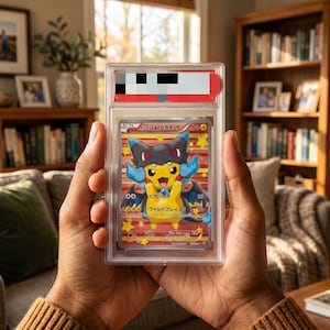 May include: A graded trading card featuring a yellow Pikachu character wearing a black and blue dragon-themed poncho. The card has a red and gold striped background with star accents, Japanese text, and is encased in a clear protective plastic slab.