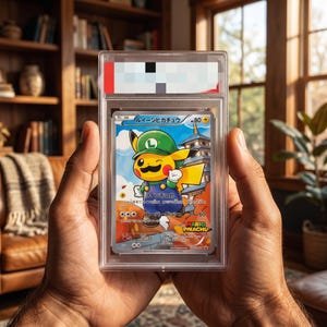 May include: A graded trading card featuring a Pikachu character dressed as Luigi with a green hat and mustache. The card displays Japanese text, the name Mario Pikachu, and an HP of 80. It is encased in a clear, rectangular protective plastic slab.
