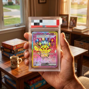 May include: A graded Pikachu EX trading card encased in a clear plastic slab. The card features a yellow Pikachu character wearing a crown of colorful gems against a vibrant, holographic background with Japanese text and a 200 HP rating.
