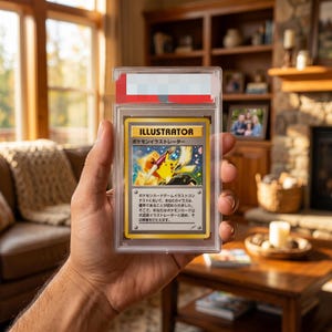 May include: A graded Pokemon Illustrator trading card encased in a clear plastic protective slab. The card features a yellow Pikachu character holding a paintbrush, with Japanese text and the word ILLUSTRATOR printed at the top of the card.