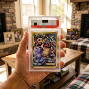 May include: A Japanese Blastoise EX trading card encased in a clear, rectangular protective plastic slab. The card features a blue, turtle-like creature with cannons on its back, Japanese text, and an HP180 rating. The slab has a red and white label.