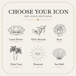 Pu&ograve; includere: Grafica beige con il testo "CHOOSE YOUR ICON" e sei opzioni di icone: un fiore di loto, un ramo d'ulivo, una rosa, palme, un diamante e una conchiglia. Ogni icona &egrave; un disegno a tratto nero con il suo nome sotto.